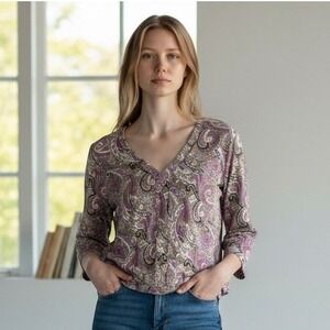 Peter Millar Paisley V-Neck Top Women L Purple 3/4 Sleeve LS14W05